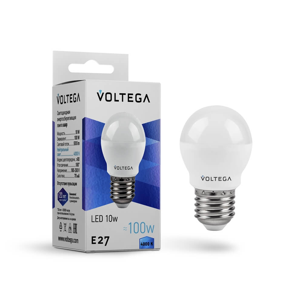 Лампа светодиодная Voltega E27 шар 10W 4000К 8456